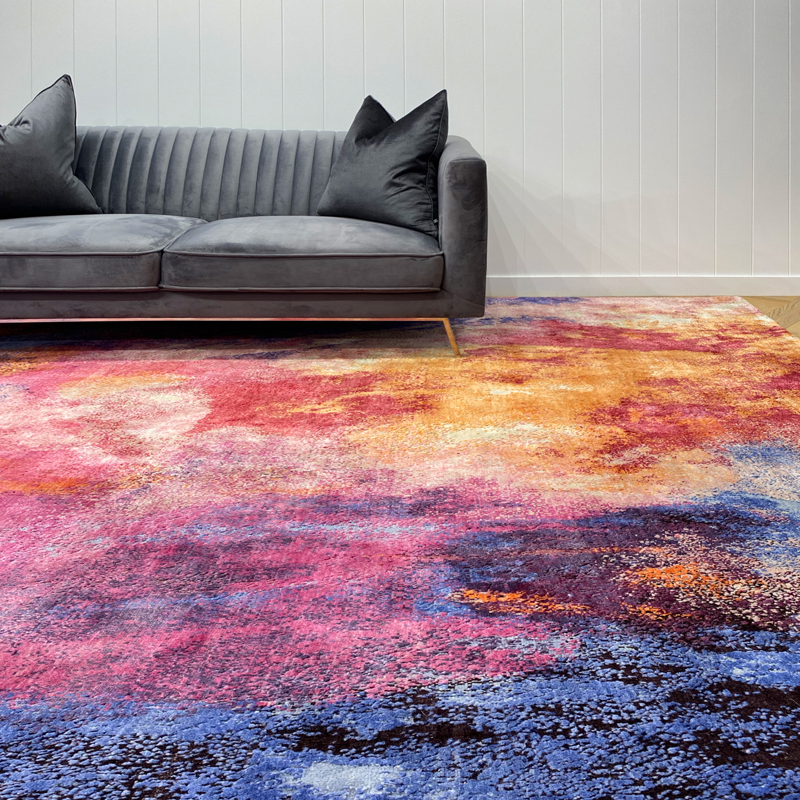 Vibrant, textured, multi coloured, wool and silk knotted rug